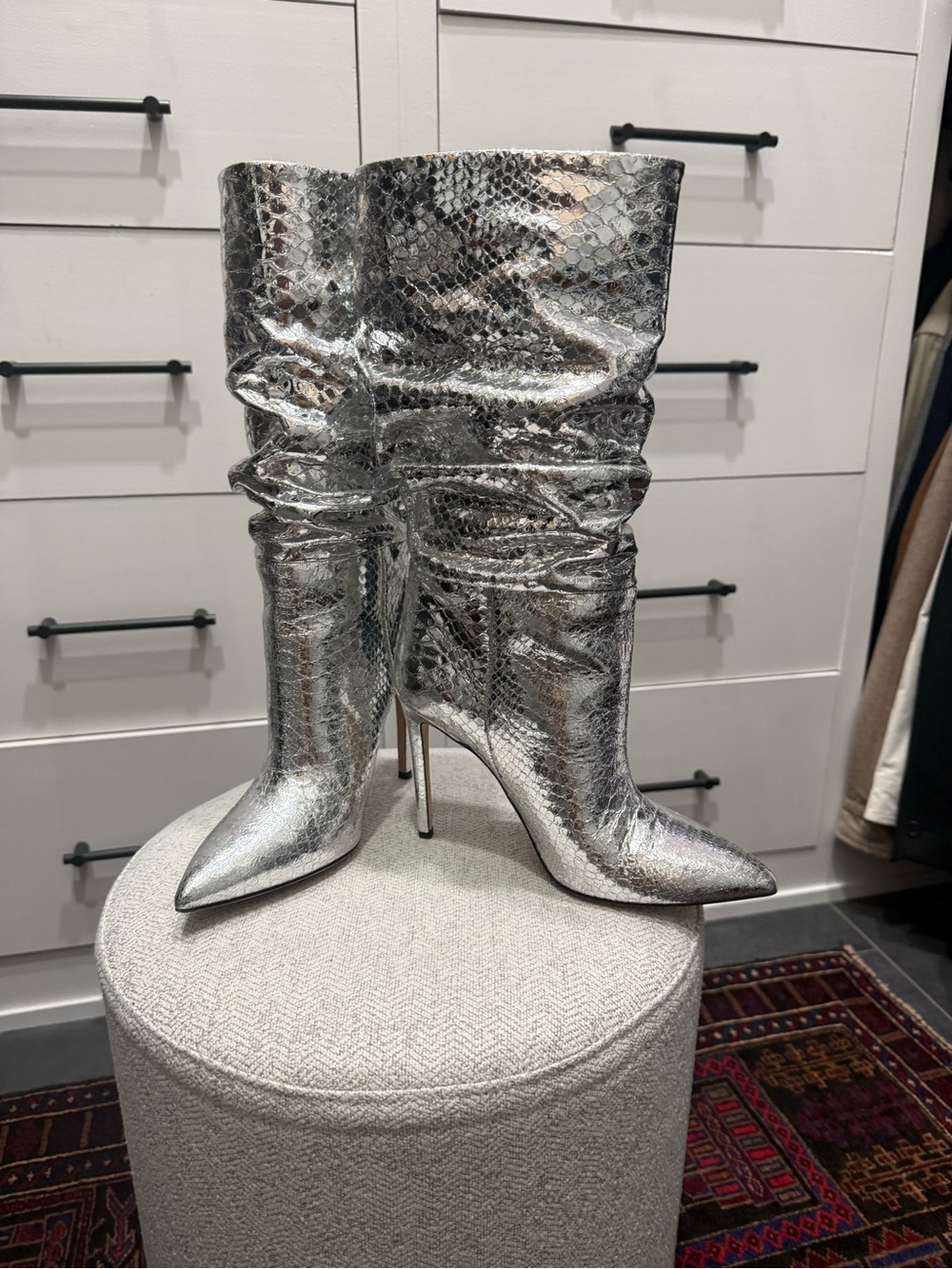 Paris Texas Silver Metallic Snake-Print Slouch Stiletto Boots